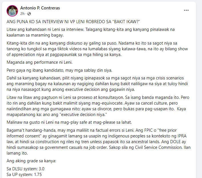claudiopoy's tweet photo. Contreras gives VP Leni a grade of 1.75, but Marcos Jr. a 1.25. Talagaaaaa ba? Based on the objective performance of both???

Eto yung teacher na sinusugod sa principal’s office ng mga magulang eh. https://t.co/qSK1LcthD5