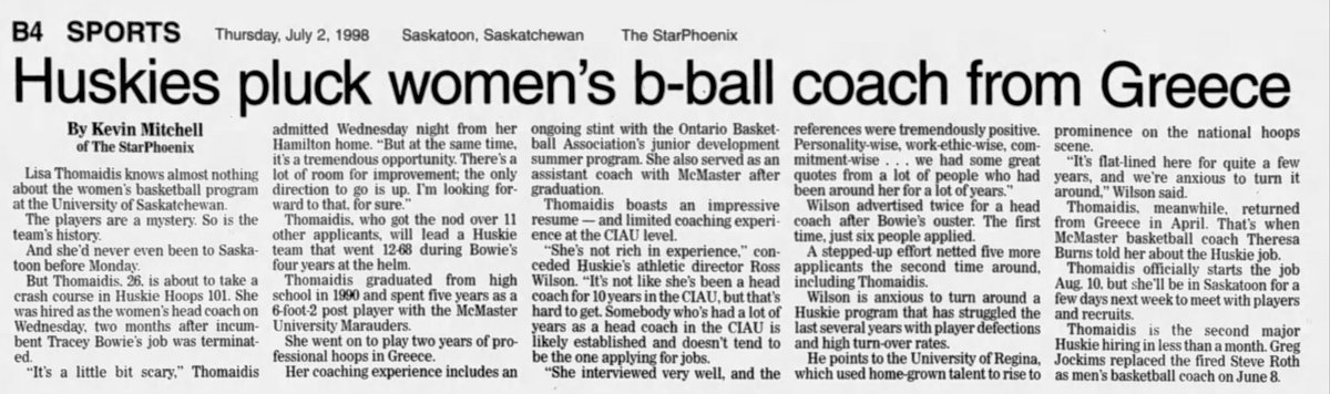 Hearty congrats to @LisaThomaidis on her 500th career @HuskieAthletics hoops win. What a coach. Here's the story we wrote the day she was hired, back in 1998. In retrospect, this should have been played higher than B4.