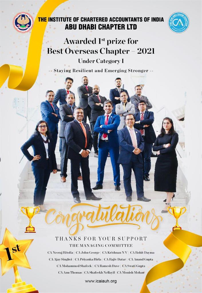 IndembAbuDhabi's tweet photo. Congratulations to @icaiauh for being awarded the 1st Prize as the Best Overseas Chapter of @theicai. A recognition well deserved for your tireless efforts 👏👏 @sunjaysudhir @cgidubai @MEAIndia  #AzadiKaAmritMahotsav https://t.co/Q6hluq8xx2