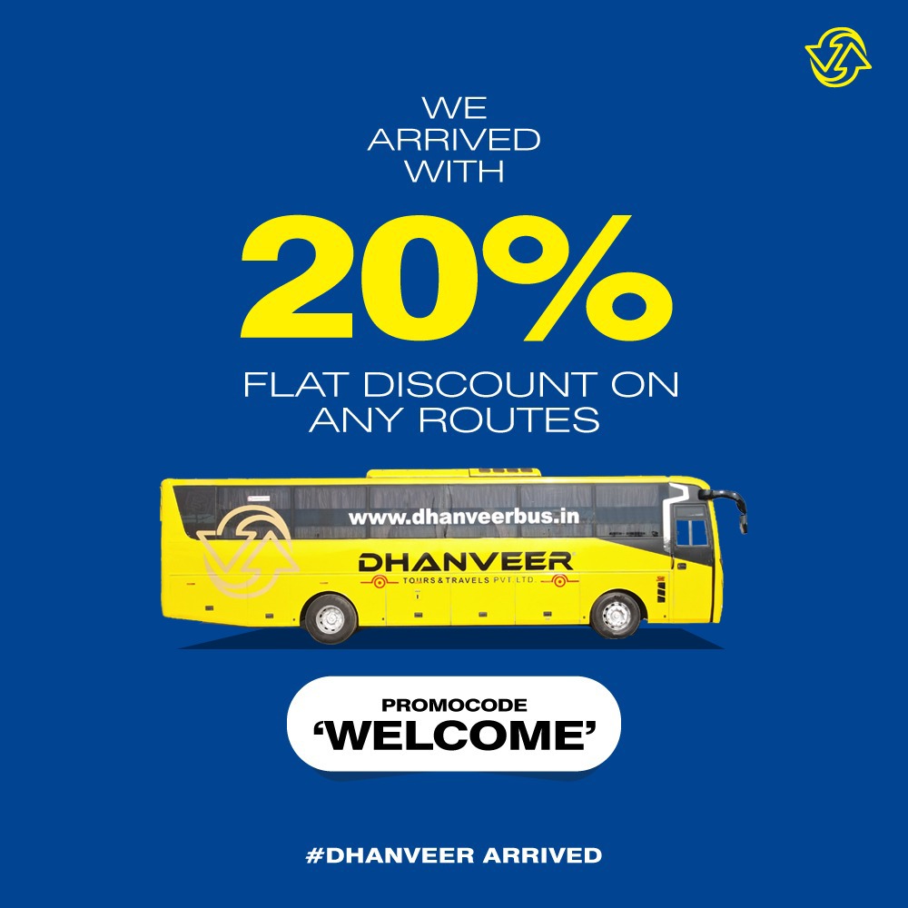 dhanveerbus's tweet photo. Yeah ! The offer is waiting for you . 
Dhanveer welcomes you with the      Good amount of Discount! 
Travel with us and enjoy your ride by saving your money ! 
Use the Promocode ‘WELCOME’ and avail the offer. 
Book your tickets now , the Offer  is valid for limited time period .. https://t.co/UoWSefiK3y