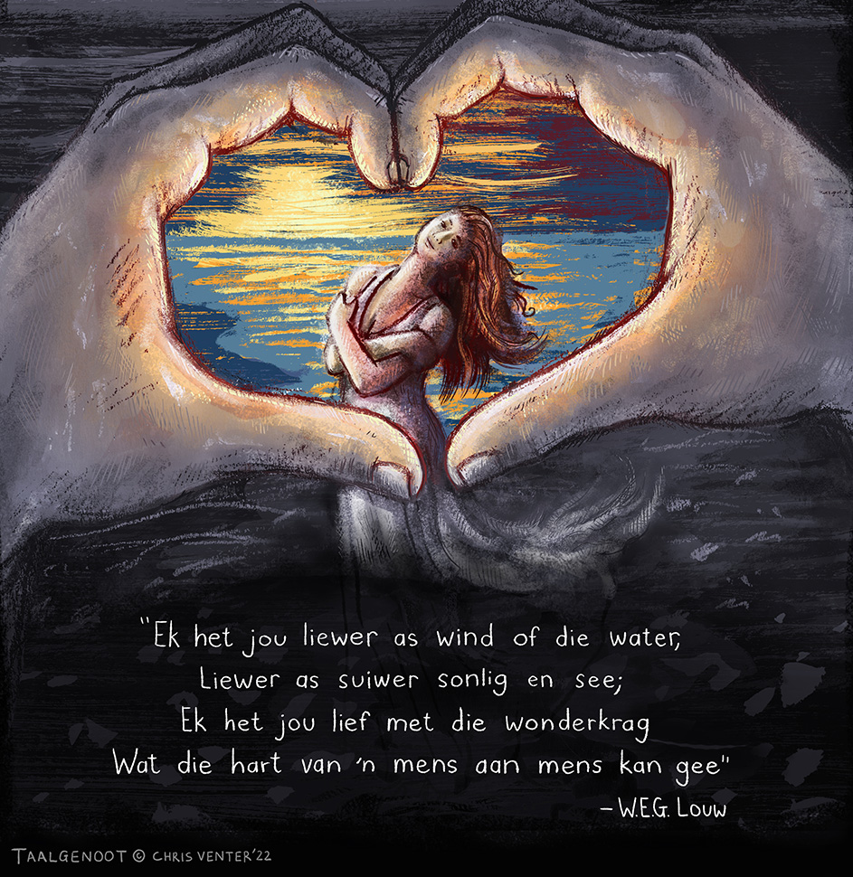 ATKVSA's tweet photo. Februarie is die maand van liefde - en ons het spesiaal vir die talentvolle illustreerder Chris Venter gevra om vir ons vier unieke illustrasies te doen met bekende gedigte. Kyk uit vir dié illustrasies - dit sal jou hart sommer warmer laat klop!
#Afrikaans #liefde #gedig https://t.co/EGDkP2bito