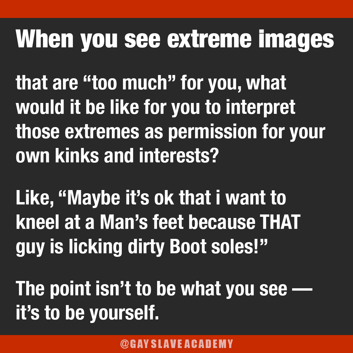 gayslaveacademy's tweet photo. The point of our twitter is not to be what you see in our posts—it's to be yourself. To be the #slave that you are. Allow our posts to inspire you to go deeper into #slavetraining deeper into slavery and deeper into yourself. #gay #gayslave #slavetraining #gayslavetraining https://t.co/ohykk9yHsM