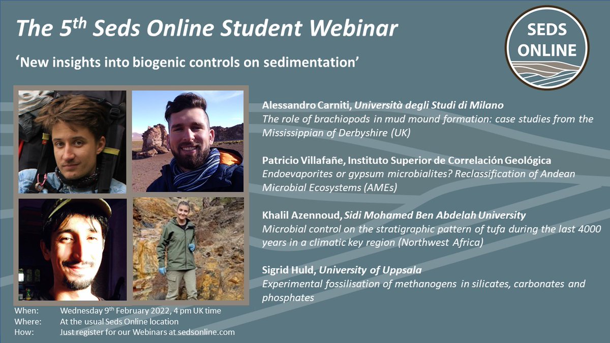 The 5th #Seds_Online Student Webinar is coming⤵️
Time: Next Wednesday
Topic: New insights into biogenic controls on sedimentation
Speakers:
Alessandro Carniti
Patricio Villafañe
Khalil Azennoud <a href="/KHALILAZENNOUD1/">KHALIL AZENNOUD</a>
Sigrid Huld