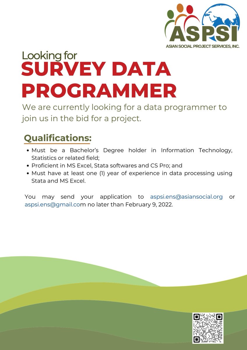 aspsiglobal's tweet photo. ASPSI is looking for a Survey Data Programmer to join us in the bid for a project!
For queries and submission of Curriculum Vitae, interested applicants may send an email to aspsi.ens@asiansocial.org or aspsi.ens@gmail.com on or before February 9, 2022. https://t.co/HssxsiyESx