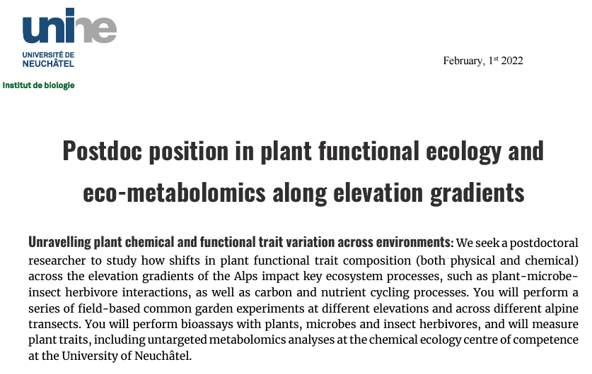Job alert in functional ecology! We are looking for a graduate student and postdoc to work on plant functional ecology and eco-metabolomics along Alpine elevation gradients. Please RT unine.ch/biologie/en/ho…