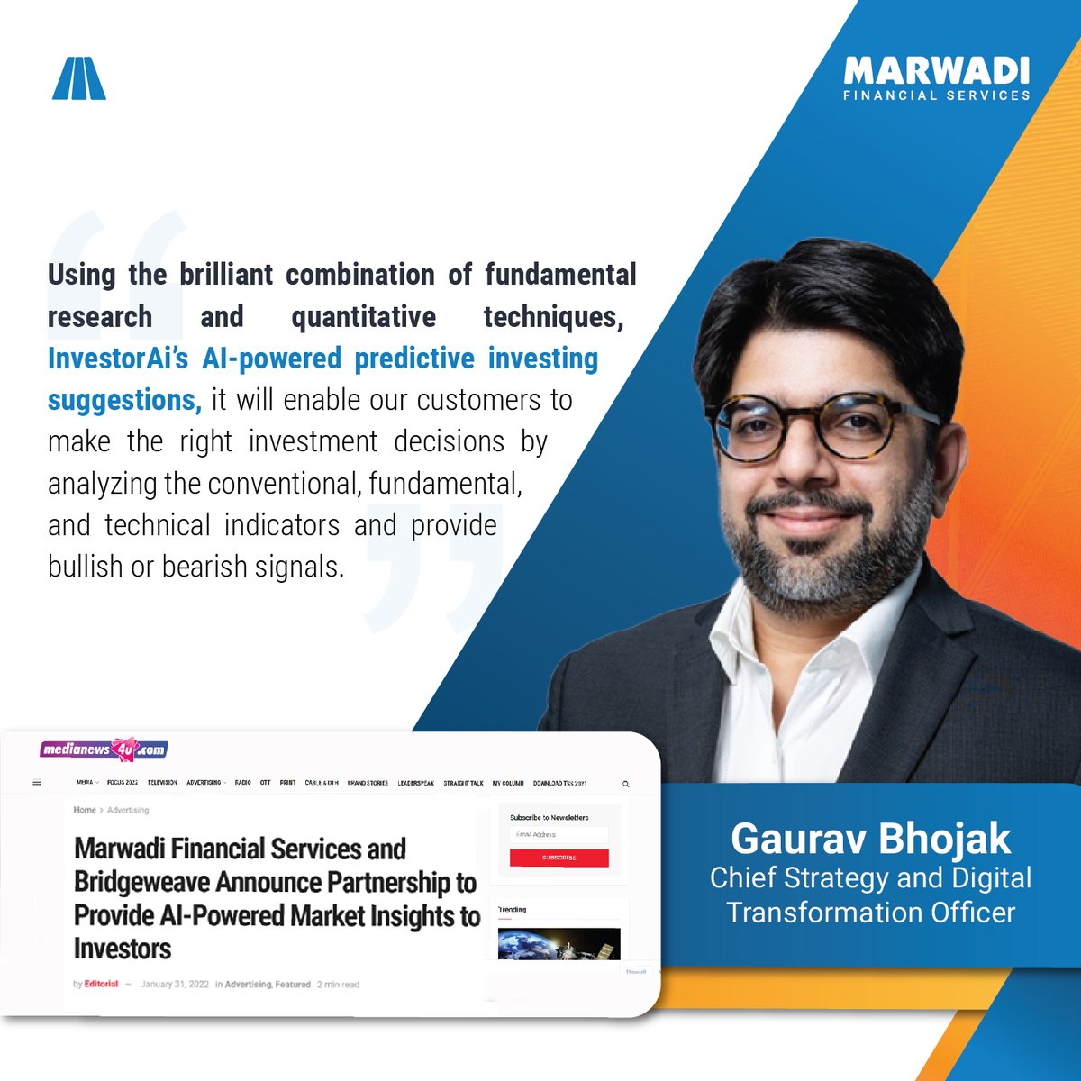 MarwadiHQ's tweet photo. We are happy to officially announce our partnership with Bridgeweave Ltd. (@Bridgeweave2)

Read here: https://t.co/CYSumX2kDk

#wealthmanagement #investwithai #digitaltransformation #behaviourAI #fintech #startup #artificialintelligence #investorai #InvestorAi https://t.co/H4s4bxXXTv