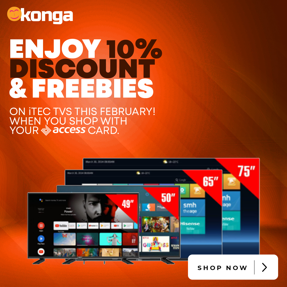 ShopKonga's tweet photo. Enjoy 10% discount and loads of freebies on iTEC TVs this February when you shop with your Access Bank Card.

Visit https://t.co/9geLJoJ3tW to shop now.

#ShopKonga https://t.co/dH2HdBpMMc