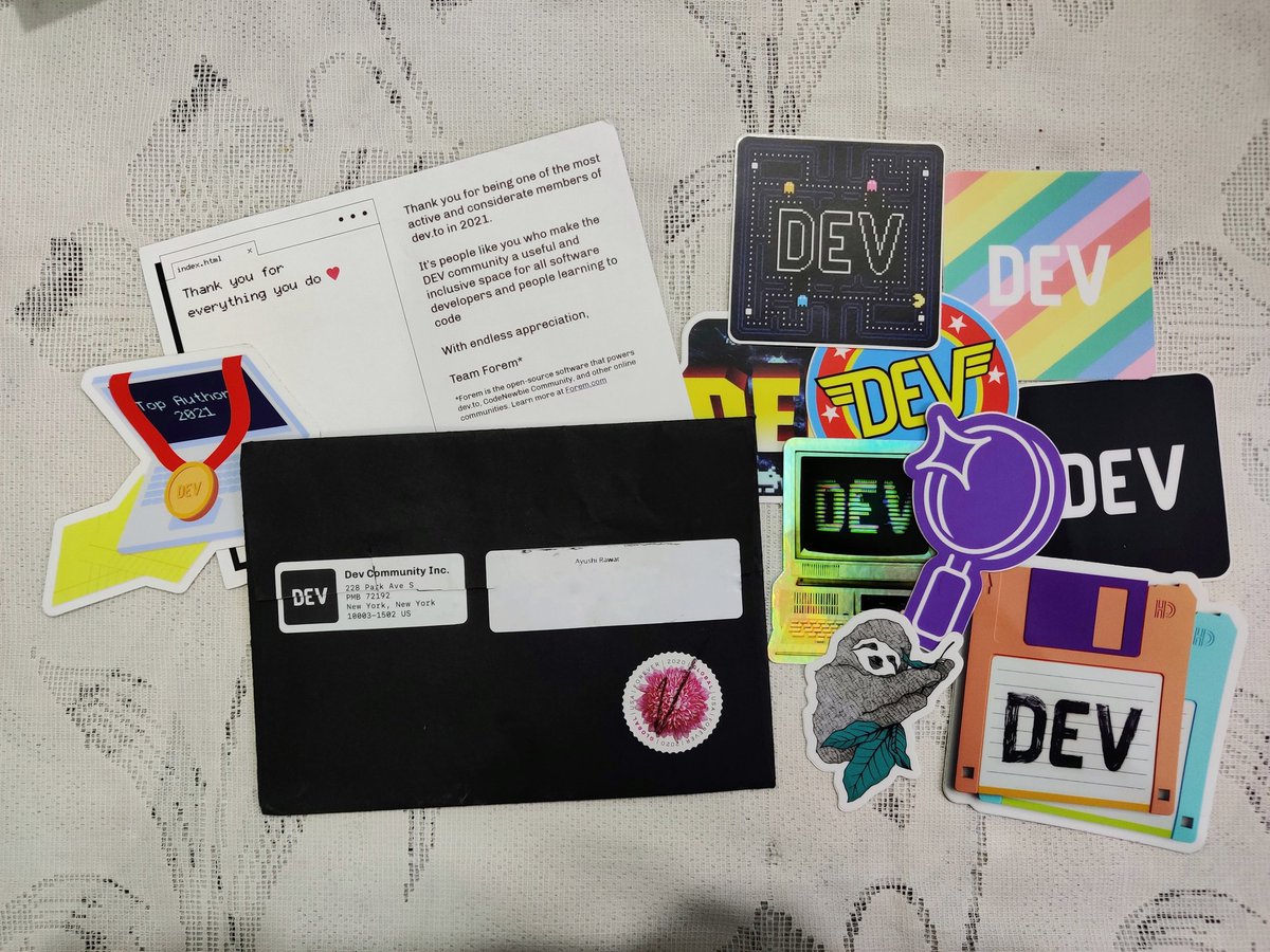 Ayushi Rawat (@ayushi7rawat) on Twitter photo I just received the Top Author 2021 swag straight from New York.
Thank you <a href="/ThePracticalDev/">DEV Community</a> ❤️ and to everyone who took out time to read my articles. I just received the Top Author 2021 swag straight from New York.
Thank you <a href="/ThePracticalDev/">DEV Community</a> ❤️ and to everyone who took out time to read my articles.