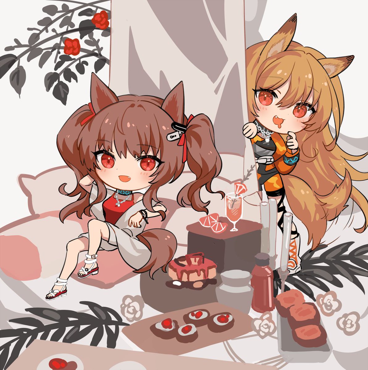 angelina (arknights) ,ceobe (arknights) 2girls multiple girls animal ears brown hair tail twintails tail wagging  illustration images