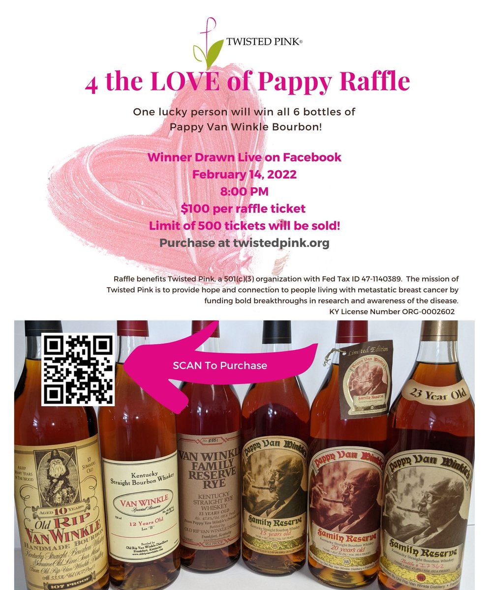 Only 79 tickets remain in our 4 The LOVE of Pappy raffle.  The winner will receive all 6 bottles of Pappy Van Winkle.  Get your ticket before they are all sold!  weblink.donorperfect.com/Pappy2022