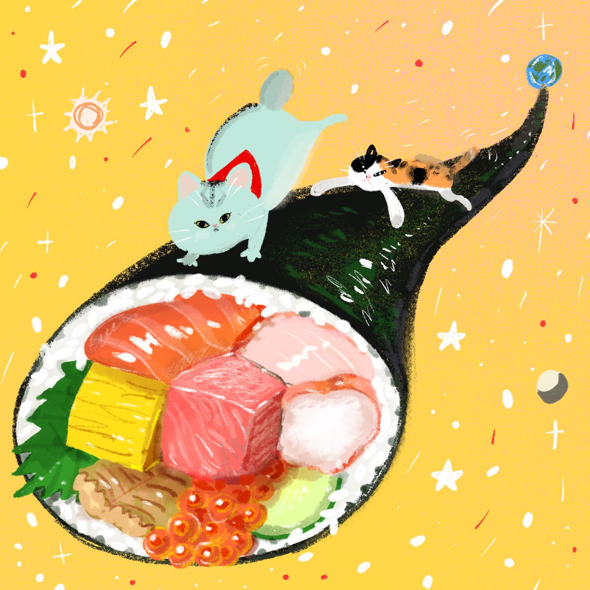 sushi food no humans food focus cat makizushi yellow background  illustration images