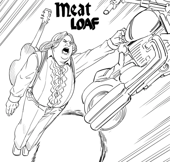 Results of today's stream:
Patreon request for Meat Loaf flying to the afterlife with his rocket motorcycle (RIP), and a doodle I did of what Final Fantasy 7 is about (basically). 
