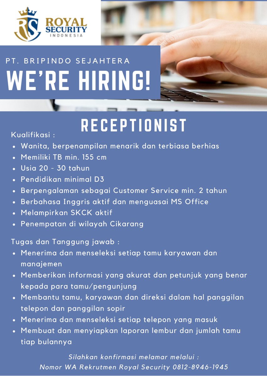 LowonganKami's tweet photo. #Hiring Receptionist - Cikarang 

Tolong diretweet ya kak @karirmuid @bursaloker @LokerBekasiID @mas_recruiter @apamungkasa @lokerbaseindo @mitraloker thanks kak 

#Loker #LokerMase #lokerupdate #lokercikarang #receptionist #resepsionis #cikarang #lowongankerja https://t.co/Gq4n4L3k0d