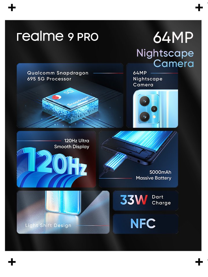 TechEVOLV_TE's tweet image. Realme 9 Pro Series Launching on Feb 16th in India

Realme 9 Pro+ 5G
AMOLED+90HZ 
In-display fingerprint scanner
50MP SONY IMX766 OIS
60W
Dimensity 920

Realme 9 Pro 5G
120Hz
SD 695
64MP
5000mAh+33W
Side MFPS
NFC
Android 12
Realme UI 3.0

#realme9Pro #Realme9ProPlus