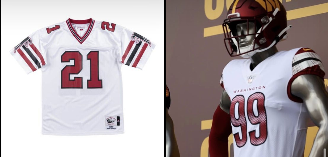 DrunknIrish's tweet photo. @Commanders Recycled Falcons jersey. How in the world does this represent the franchise?! This is not even our colors. Stop pretending the fans had any say in the new name. The fans don’t want this. @commanders #commanders #washingtonfootball https://t.co/DPRJGLTooM