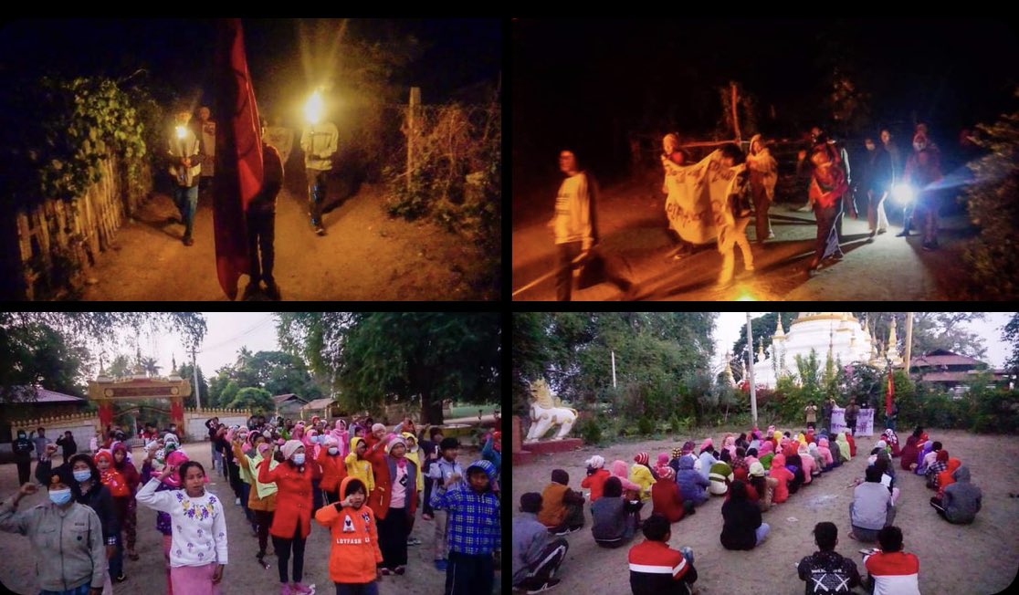 Dawn protest against military dictatorship was demonstrated today by pro-democracy people in a Village, Debayin township.  #WarCrimesOfJunta #2022Feb3Coup #WhatsHappeningInMyanmar