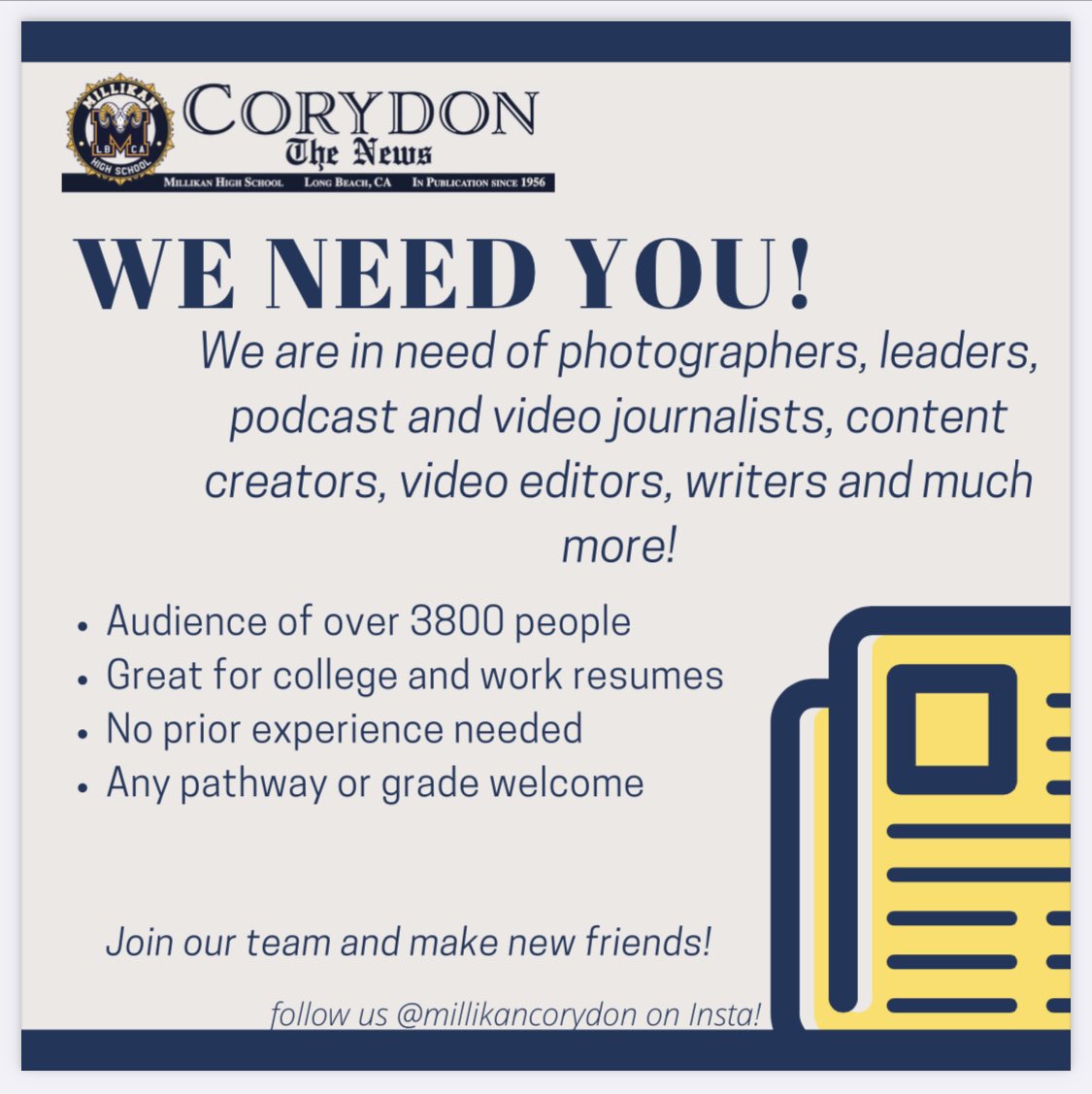 The <a href="/MillikanCorydon/">Millikan Corydon</a> wants you!