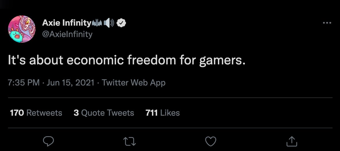 KTXULTRA's tweet photo. Anyone else notice how @AxieInfinity changed their marketing from “Economic freedom for gamers” to just “Freedom for gamers”? 😂😂 https://t.co/IU7zjuJ4nb