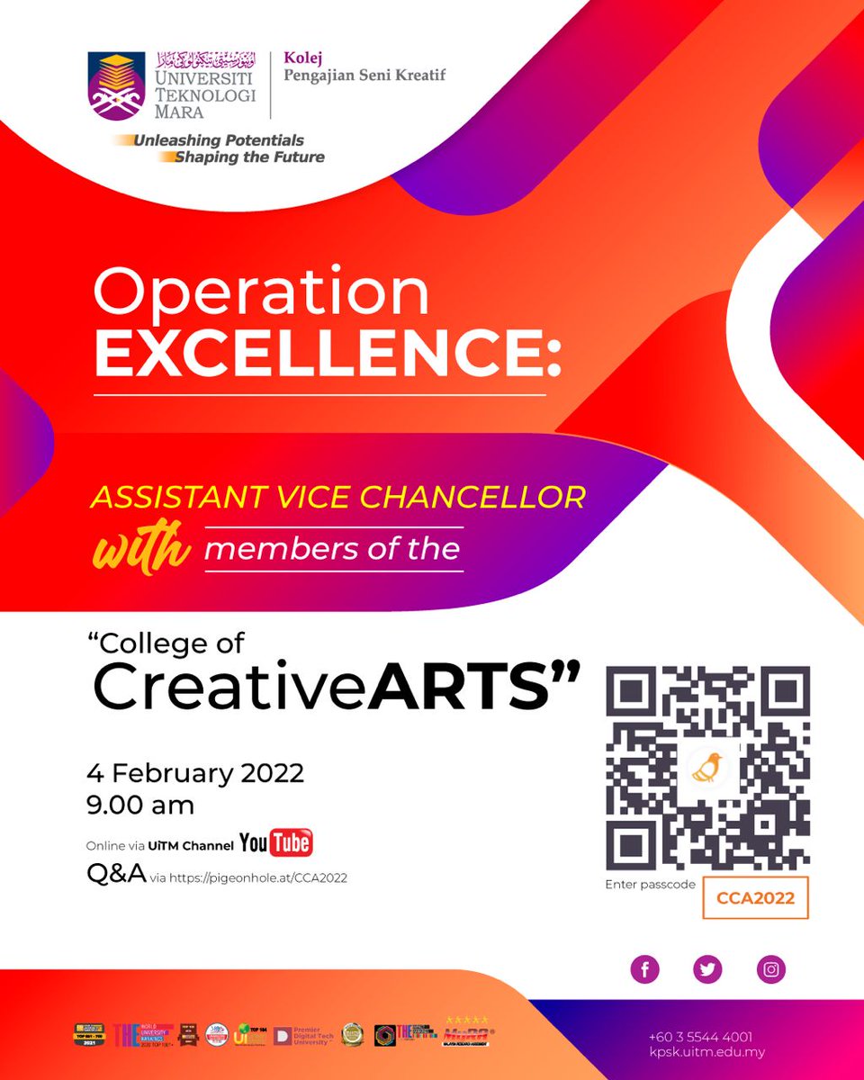 To all members of College of Creative Arts, we invite you to join our talk on Operation Excellence together with Prof. Dr. Zaini Abdullah, tomorrow at 9am 😀👍

Please tune in UiTM Youtube Channel to watch the session. 
#collegeofcreativearts #kolejpengajiansenikreatif