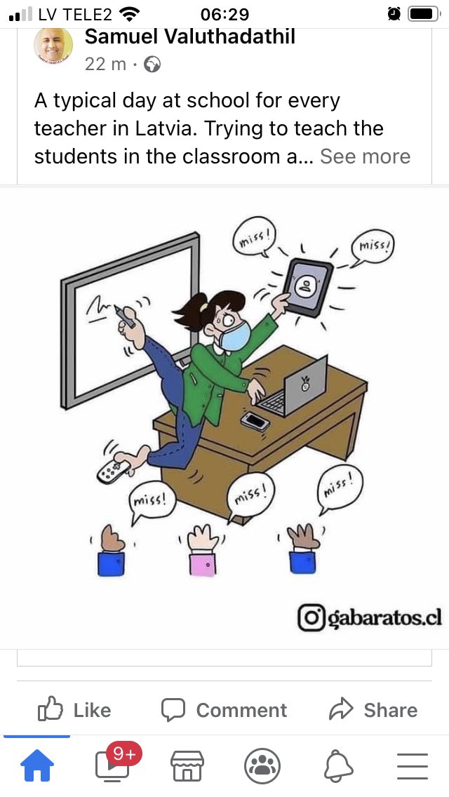 Šodien 7 stundas, katrā daļa skolēnu klasē, daļa mācās no mājām, kas nozīmē individuālu saziņu ar katru mājmācības bērnu. Viena stunda attālināti, jo visa klase karantīnā. Pirmajā stundā 17 skolēniem-kontaktpersonām jātaisa paštests, vienlaikus analizējot noveli “Nāves ēnā”.