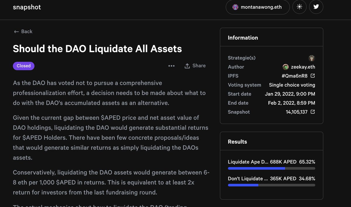 Montana_Wong's tweet image. . As of now @ApeDao_ has officially voted to liquidate all of its assets

This includes 81 BAYC, 81 MAYC, 1 Punk, 1 Fidenza, 5 Chromic Squiggles, 2 Kongz, 3 Cool cats, and many more