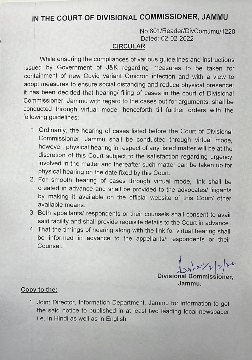 In compliance of Govt guidelines and to ensure social distancing & reduce physical presence for combating spread of Covid variant Omicron. Hearings and filing of cases in the court of Divisional Commissioner Jammu shall be conducted through virtual mode with guidelines.@diprjk https://t.co/IdMobaxyKw