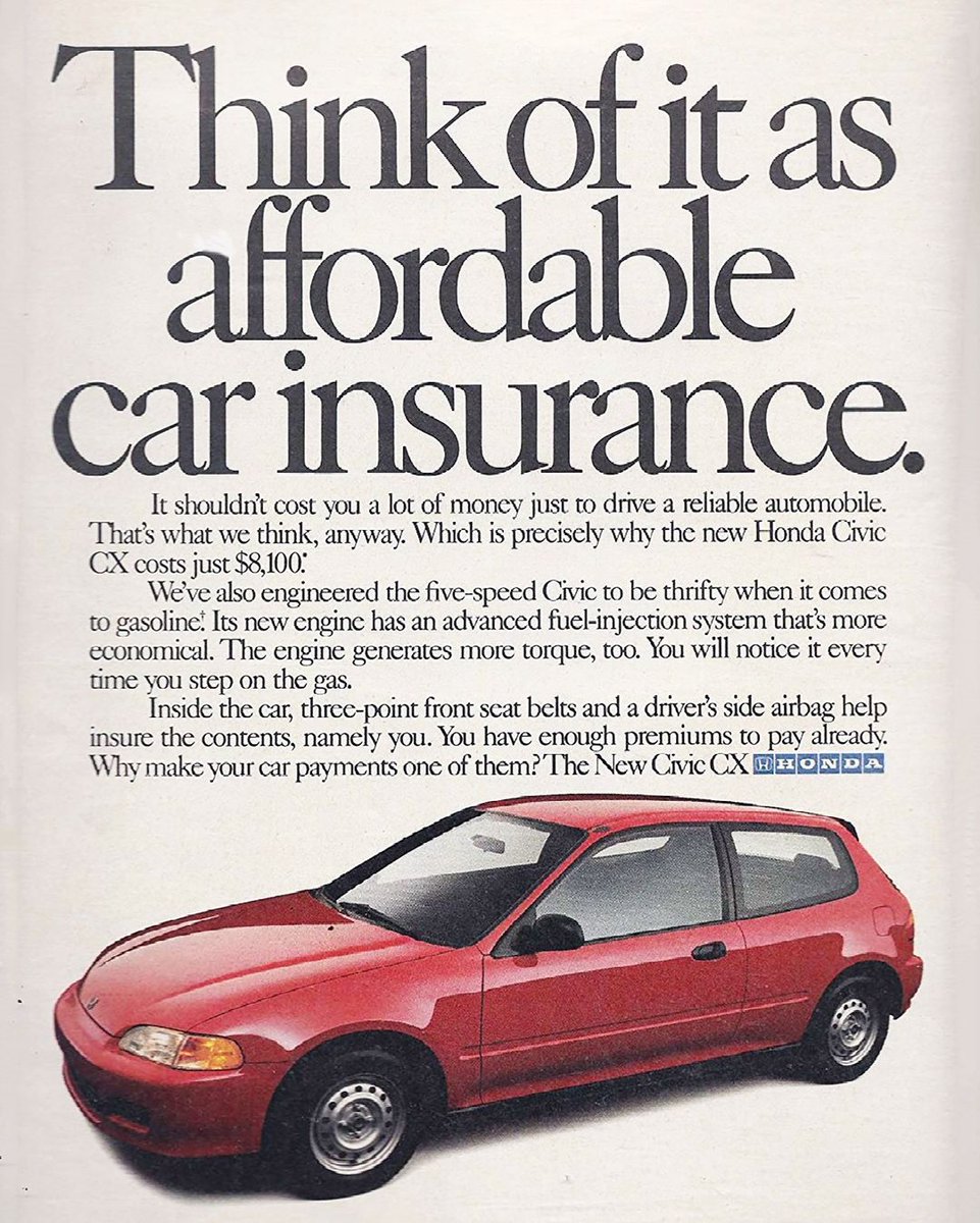 kleinhonda's tweet photo. This vintage 1992 ad of the Civic hatchback gives us all the feels. Today this is a highly sought out Honda in the used car market.
#TBT #classic #EGhatch #92civic https://t.co/hl56EfnhUQ