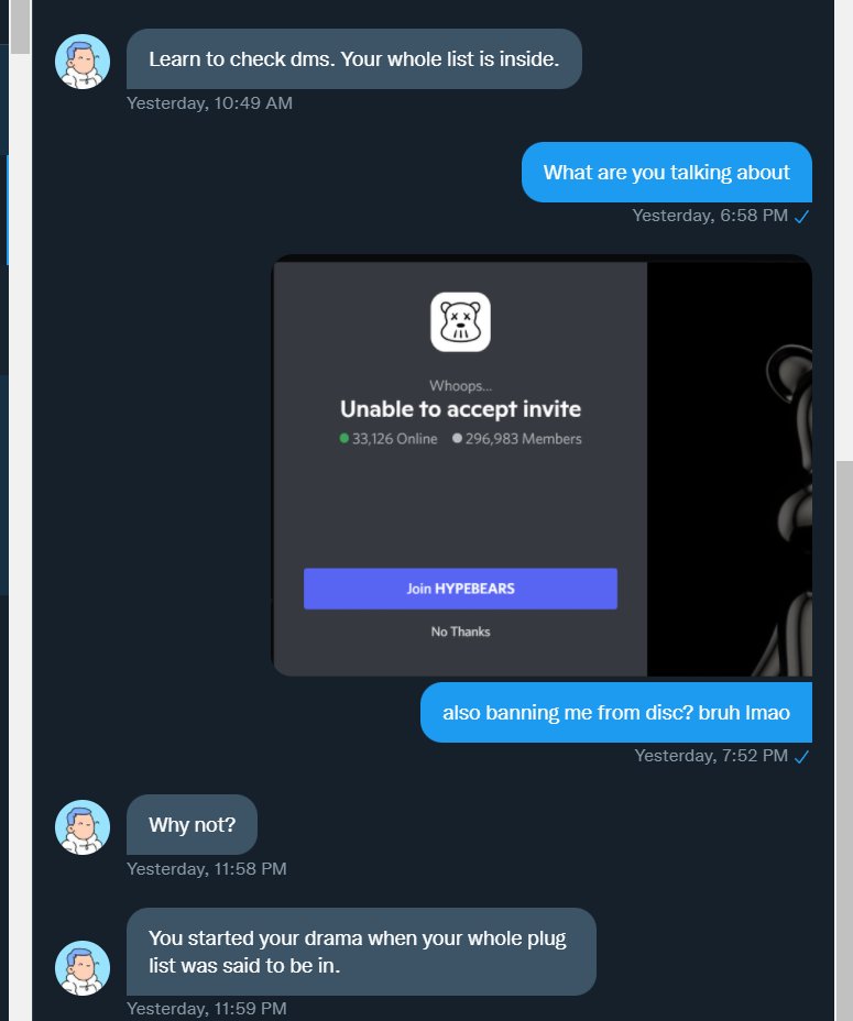 Imagine banning me from your NFT projects discord because I said to whitelist my winners from a giveaway... Bad look imo <a href="/hypebearsclub/">HYPEBEARS</a>