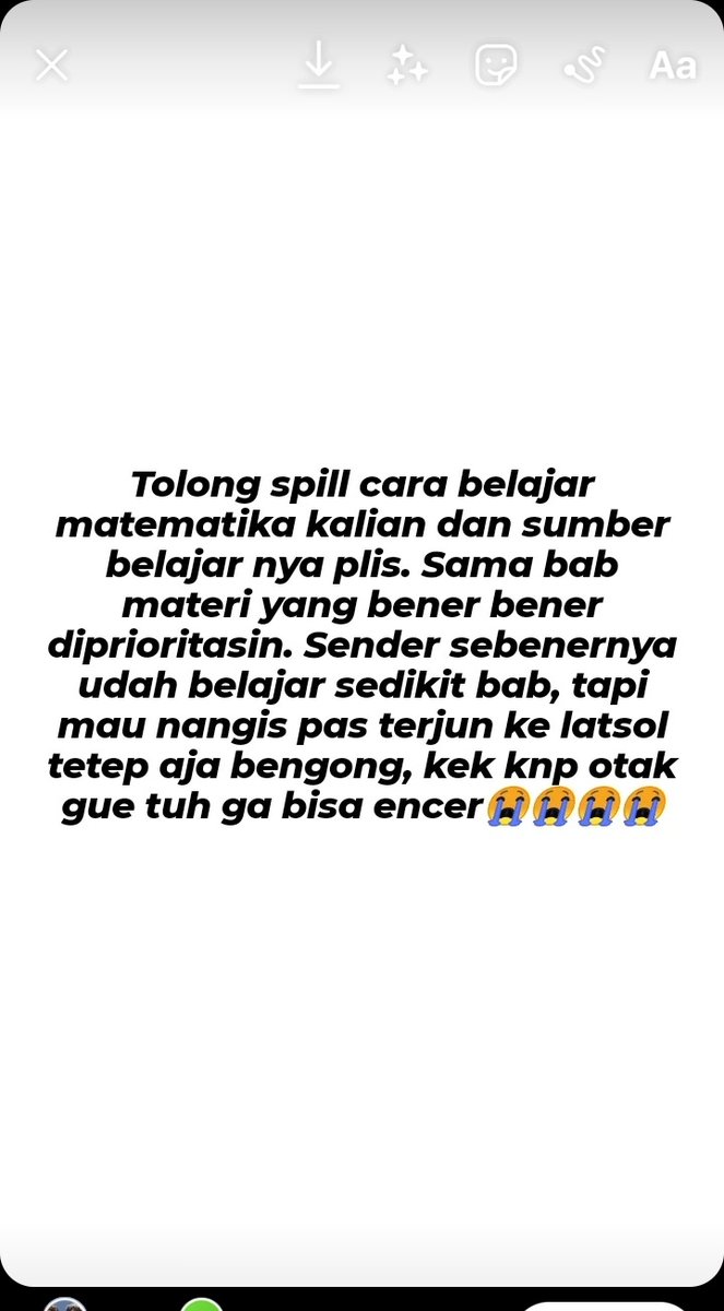 sbmptnfess's tweet photo. Ptn! Plis sender hopeless bgt belajar matematika ini, pas latsol kaya keong trs, mana utbk bentar lg huhuu😭😭😭 https://t.co/PXZc2vqdUU