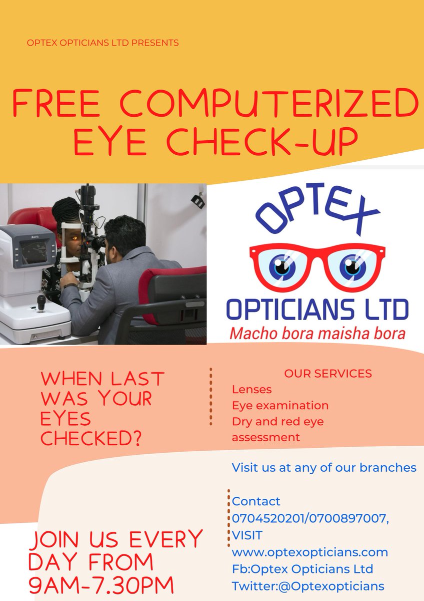 reagan_anyango's tweet photo. WHEN LAST WERE YOUR EYES CHECKED? YOU MEAN LAST YEAR?OOH!YOU CAN'T EVEN REMEMBER?THEN HERE COMES AN OPPORTUNITY FOR YOU TODAY TO HAVE A FREE COMPUTERIZED EYE CHECK-UP AT OPTEX OPTICIANS LTD https://t.co/bqidiuXU2l