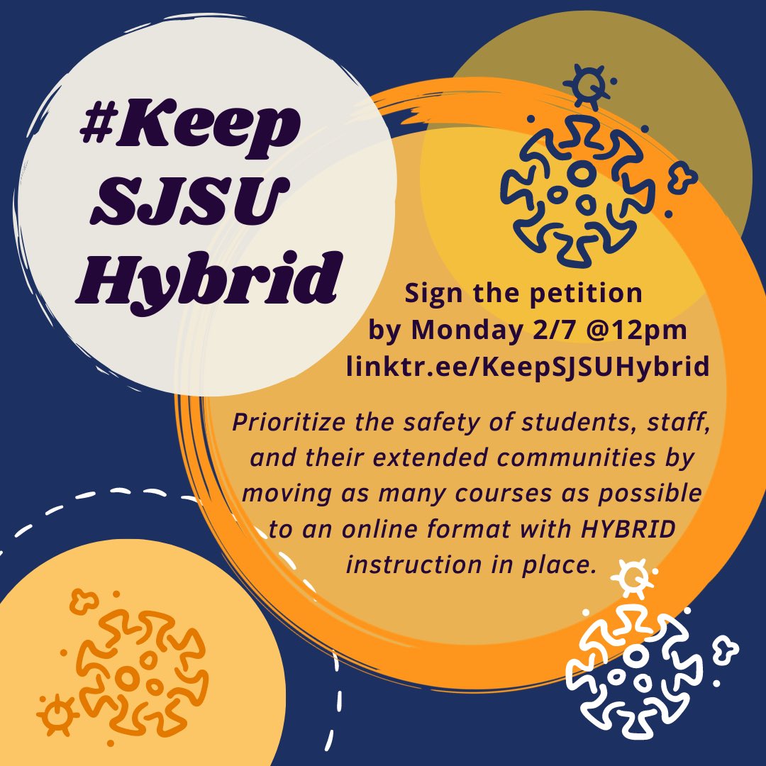 huangabeth's tweet photo. (1/2) 📣CALLING ALL SJSU STUDENTS, FACULTY, STAFF, &amp; ALUMNI!

📣Sign the petition by Monday 2/7 @ 12pm to #KeepSJSUHybrid for all of Spring 2022: https://t.co/uqZ8XkYM2U

📣Take a stand, for you and your immunocompromised peers.

#KeepSJSUHybrid #SJSU #COVID https://t.co/Hk6naJodpU