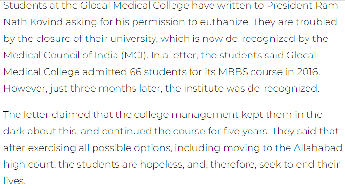 FakeUpperCaste's tweet photo. Medical University students seek President's approval to euthanize
Students at the Glocal Medical College have written to President Ram Nath Kovind asking for his permission to euthanize. https://t.co/P6OtwGsQet
