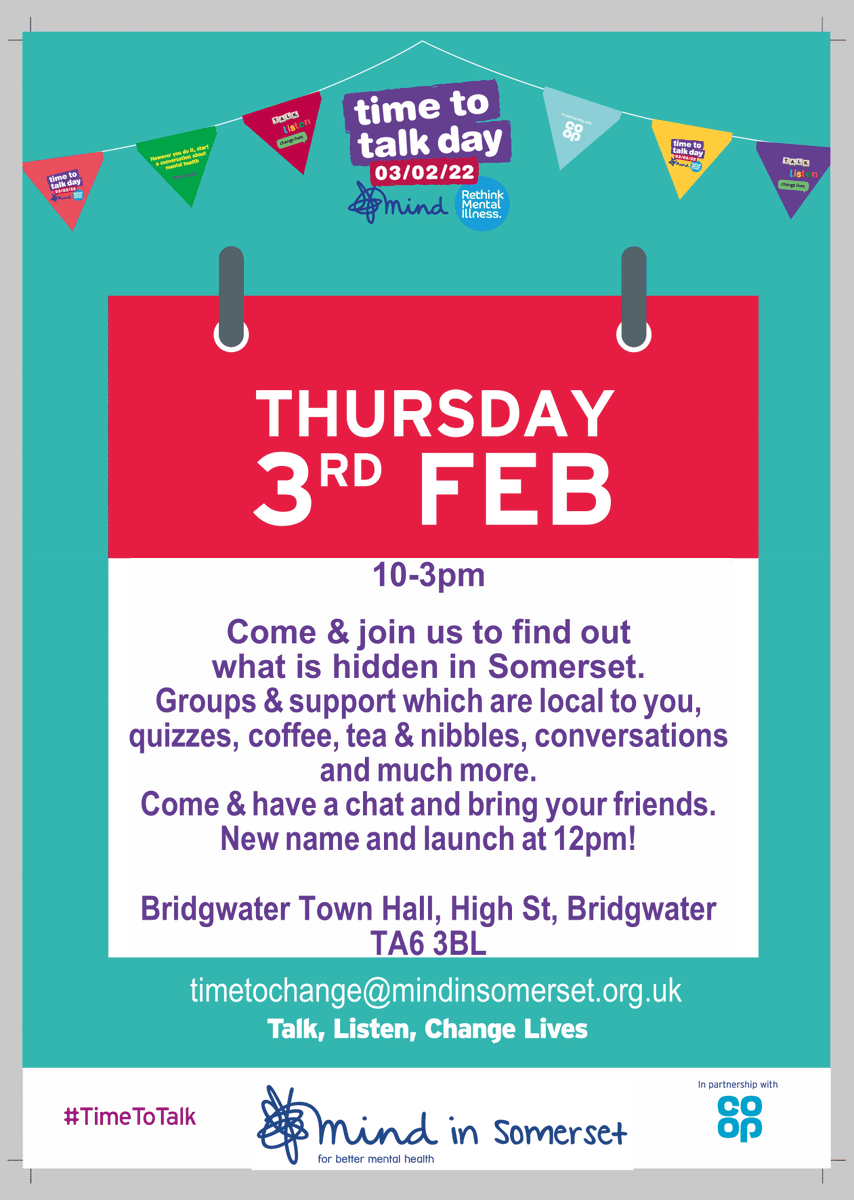 💬 TIME TO TALK DAY 2022 💬

Join Mind in Somerset for a day of quizzes, coffee, tea &amp; nibbles, conversations, and much more. This event is in aid of Time to Talk Day and is being held at the Bridgwater Town Hall, High St, Bridgwater TA6 3BL, between 10am - 3pm today. #GoTeamHiS