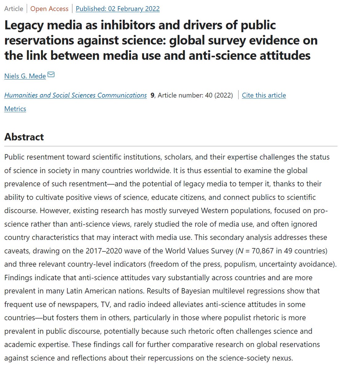 nielsmede's tweet photo. Are #science criticism and #media use linked? Does #populism play a role? 🤔

My 1st solo-authored study tests this in 49 countries 🔎
Using the @WVS_Survey I find: Links vary globally, depending on the degree of populist rhetoric in #politics 🌍

🔗 https://t.co/nmkzPxnHNx

🧵⤵️ https://t.co/QznvDxVTzp