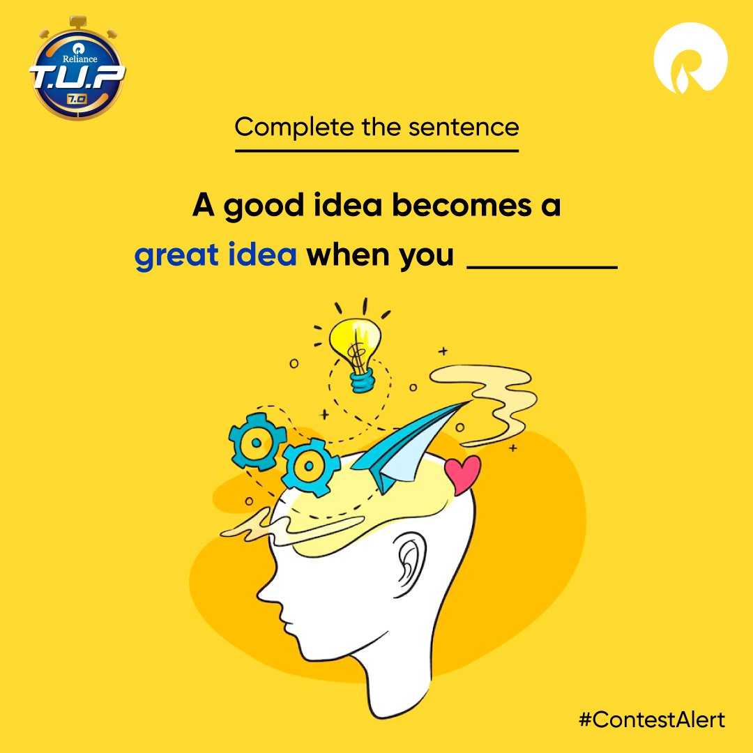 RILCampus's tweet photo. CONTEST ALERT 🚨
Yes, you heard that right! We're back with another fun contest for you. 🎉
1. Reply with the completed sentence.
2. Tag 3 friends
#TUP #TheUltimatePitch #TUP7 #RelianceTUP #TUPSeventhEdition #PitchLife #IdeaGenerator #ContestAlert #ParticipateNow #Contests https://t.co/TZaIoW3v6h