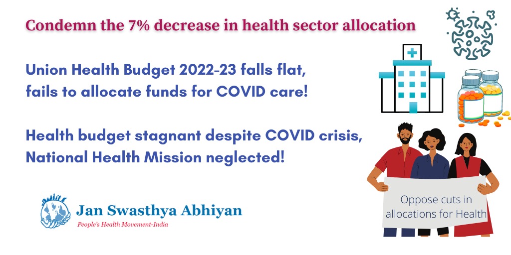 Even as #COVID19 continues to impact lives &amp; economy, #UnionBudget2022 fails to prioritise health over corporate interests. Allocation to health reduced by 7% in real terms; allocation to #COVID19 reduced drastically; NHM suffers badly. 

JSA statement: bit.ly/3GlEfTq