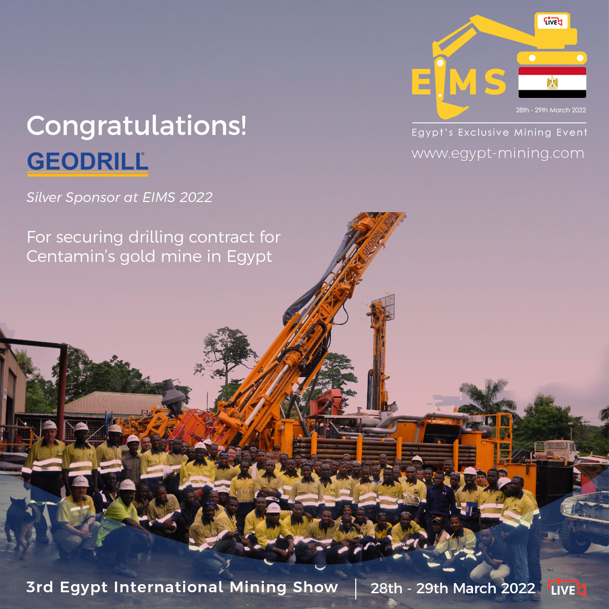 globaltabgroup's tweet photo. Congratulations! @Geodrill_GH team for winning USD 54M+ five year underground drilling contract with Centamin PLC at their Sukari Gold Mine in Egypt.
#Geodrill #MiningNews #MiningIndustry #EIMS2022 https://t.co/rs8QYZxXu0
