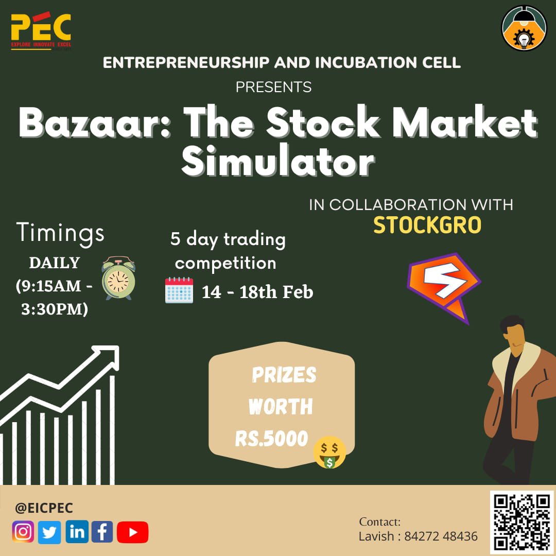 eic_pec's tweet photo. To get you acquainted with surprises , EIC in collaboration StockGro brings you a 5 Days Virtual Stock Market Event🤩. 

Prizes worth of INR 5000 would be awarded to the winners

Register and book your slot
https://t.co/qIkoMvLzbA

📆 Date: 14 - 18 Feb
⏰ Time: 9:15 AM to 3:30 PM https://t.co/wJ7ZY4jnW2