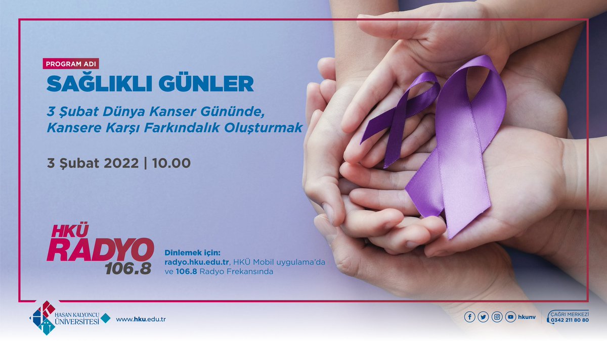 HKÜ Radyoda; sağlıklı günler 👩‍⚕️👨‍⚕️
"4 Şubat Dünya Kanser Günü" farkındalığı için önemli program
🗓️ 3 Şubat
⌚ 10.00
HKÜ Radyo 106.8 frekansından veya online olarak dinleyebilirsiniz.