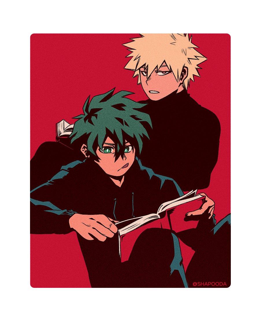 bakugou katsuki ,midoriya izuku multiple boys 2boys male focus blonde hair book green hair green eyes  illustration images