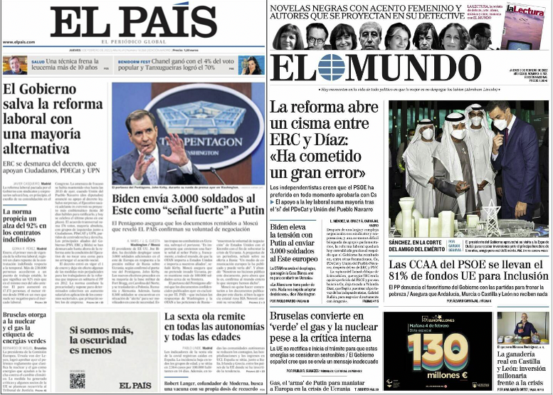 Servimedia's tweet photo. #BuenosDías y #FelizJueves ☕️📰 

🤝 El #Gobierno se asegura los apoyos necesarios y da luz verde a la #ReformaLaboral 

🦠 La #SextaOla remite en todas las autonomías y todas las edades

🇪🇺 La Comisión Europea declara verde la #EnergíaNuclear y el #gas 

🗞️ Temas de portada hoy https://t.co/vqHWUAx2u9