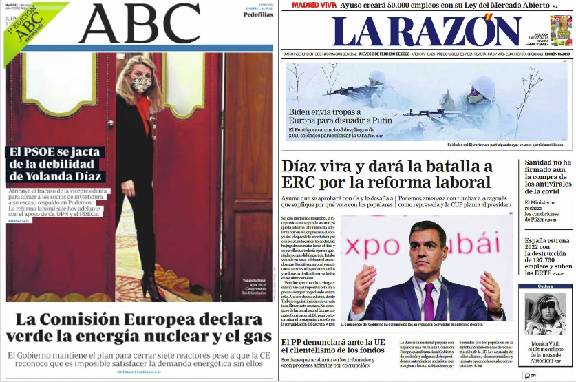 Servimedia's tweet photo. #BuenosDías y #FelizJueves ☕️📰 

🤝 El #Gobierno se asegura los apoyos necesarios y da luz verde a la #ReformaLaboral 

🦠 La #SextaOla remite en todas las autonomías y todas las edades

🇪🇺 La Comisión Europea declara verde la #EnergíaNuclear y el #gas 

🗞️ Temas de portada hoy https://t.co/vqHWUAx2u9