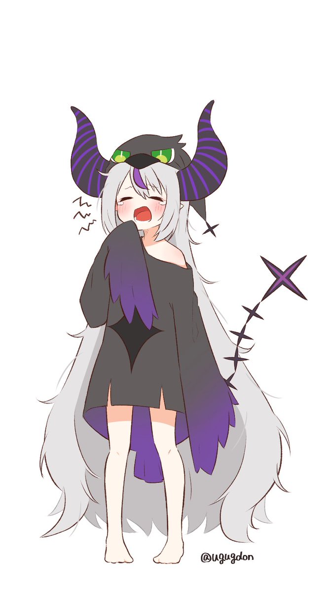 la+ darknesss 1girl long hair very long hair yawning solo horns grey hair  illustration images