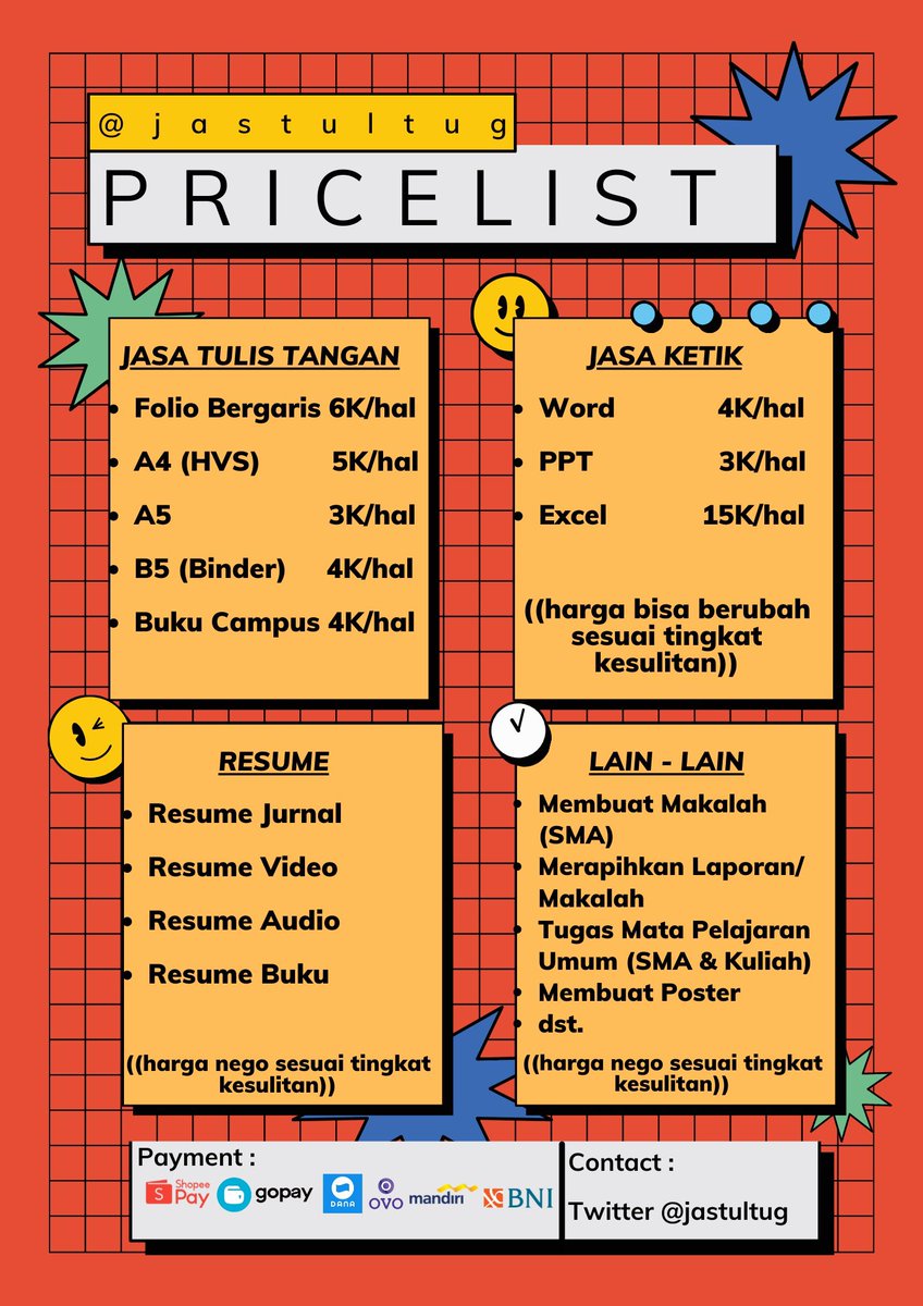 Halo teman-teman!
kalo ada yang butuh jasa tulis tangan, resume, dll bisa dm kita yaa. Dijamin rapih, murah, dan fastrespon😆👌🏻
Jastul joktul joktug
