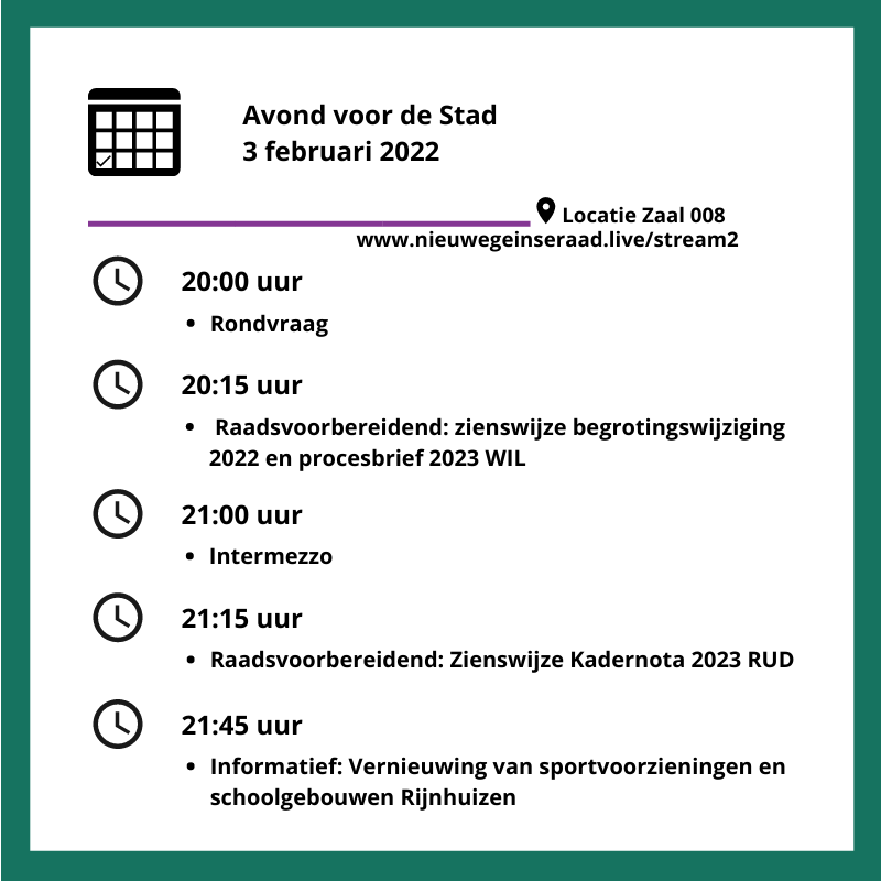 Vanavond: de Avond voor de Stad! 🥳 Helaas niet 100% fysiek; het programma in de Raadzaal is online. 💻 Beide vergaderingen zijn te volgen via nieuwegeinseraad.live/stream1 en nieuwegeinseraad.live/stream2.
Zie bijgaande afbeeldingen voor de onderwerpen van vanavond!📜