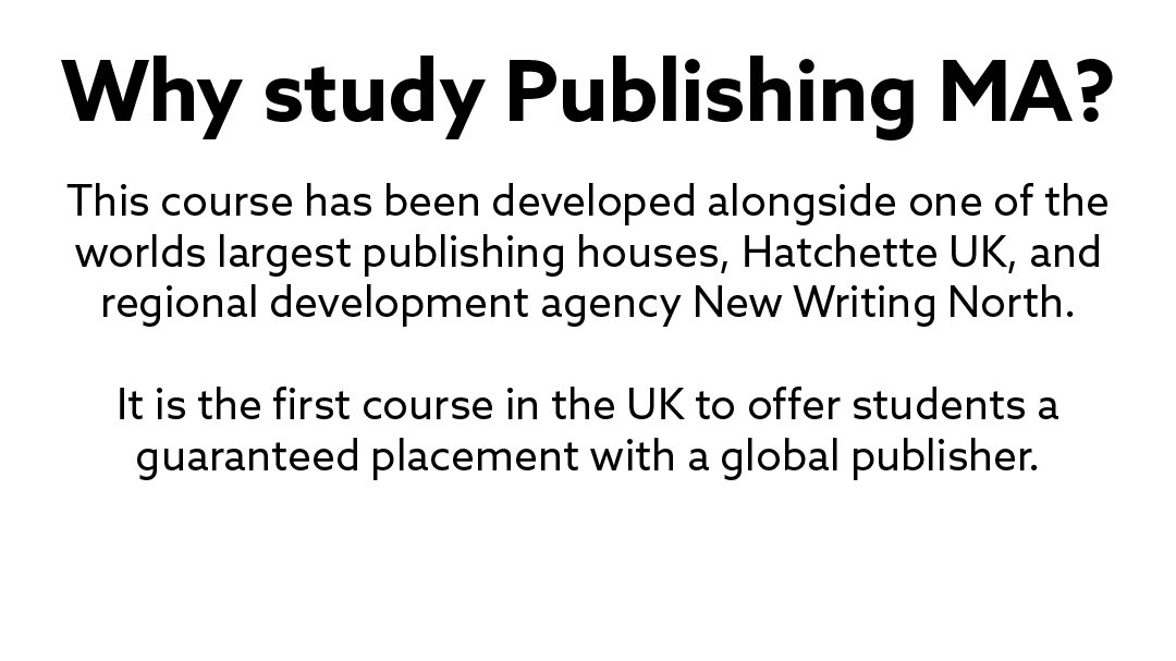 NEW: MA Publishing <a href="/NorthumbriaUni/">Northumbria Uni</a> in unique partnership with <a href="/HachetteUK/">Hachette UK</a> <a href="/NewWritingNorth/">New Writing North</a> 

Co-designed &amp; co-delivered by a global publisher, a writing development organization &amp; our university

With an explicit aim to diversify &amp; level up the UK publishing workforce 👍🏻