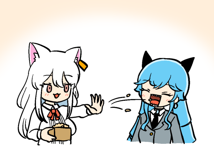 multiple girls 2girls animal ears blue hair cat ears white hair sharp teeth  illustration images