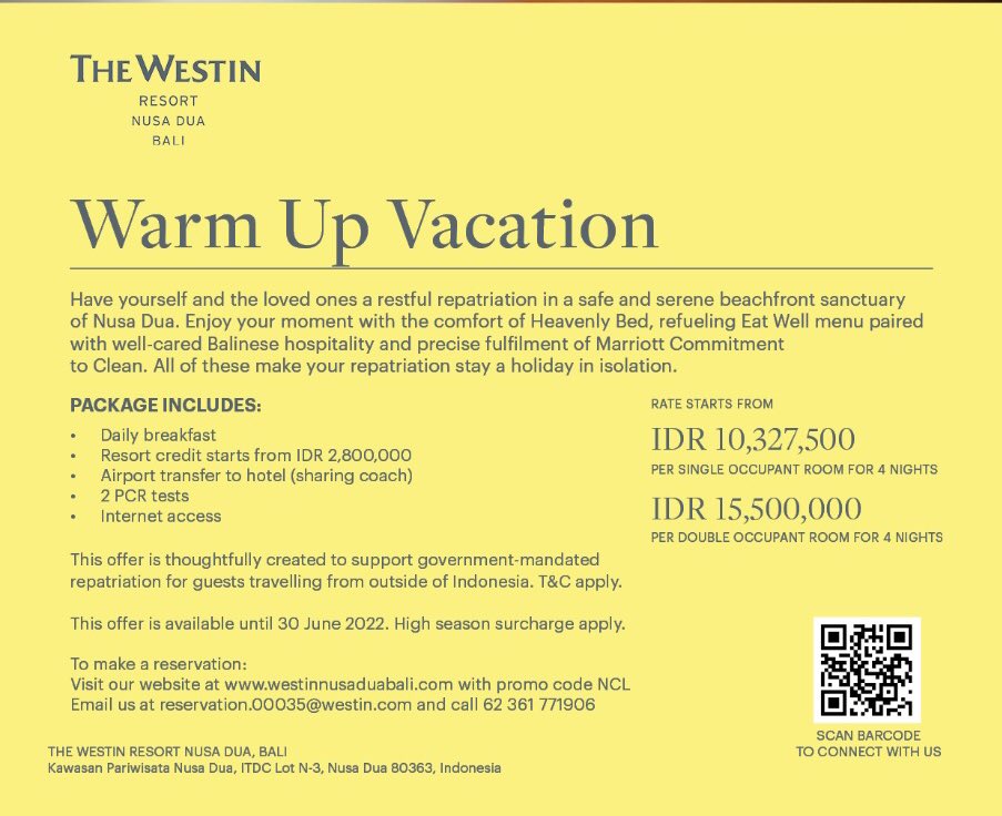 WARM UP VACATION 

Have yourself and the loved ones a restful repatriation in a safe and serene beachfront sanctuary of Nusa Dua.
