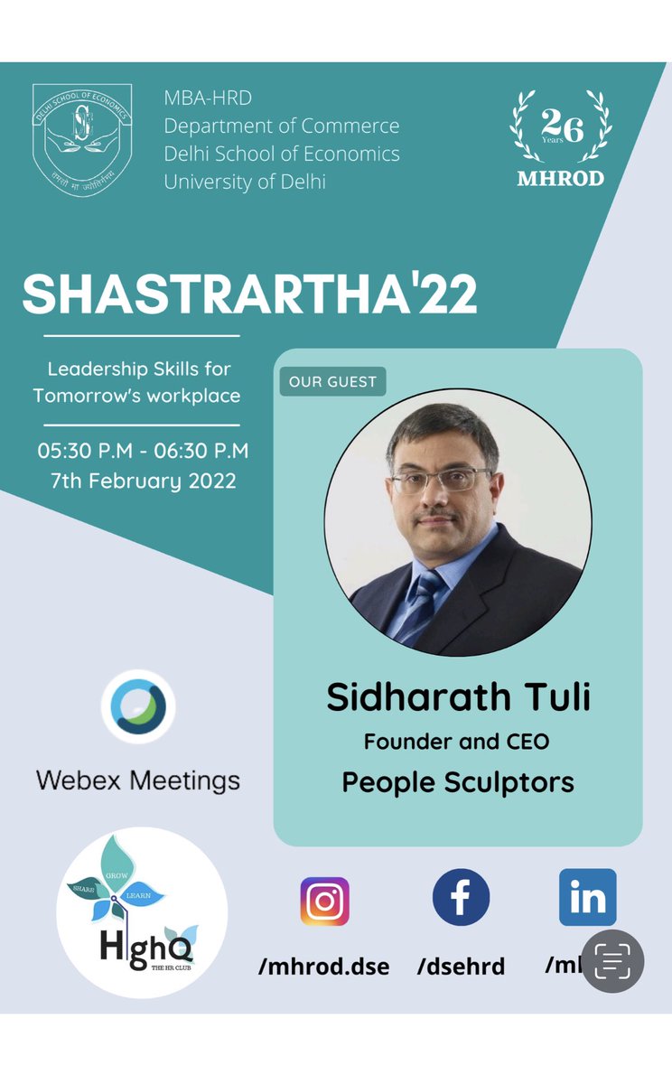 mba_dse's tweet photo. HighQ is elated to host the 1st session of Shastrartha'22 with Mr. Sidharath Tuli- Founder and CEO- People Sculptors and a certified Leadership Coach &amp; Organisation Development Consultant, to deliver a stimulating lecture on “Leadership Skills for Tomorrow's Workplace”. https://t.co/G98xxfYoZS