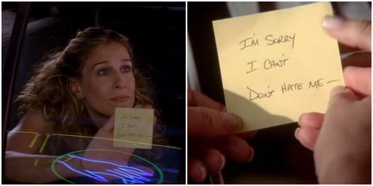manicrose1984's tweet photo. Carrie talking about the worst break ups and doesn’t mention the post-it note? #AndJustLikeThat https://t.co/wYmKDTmbY3